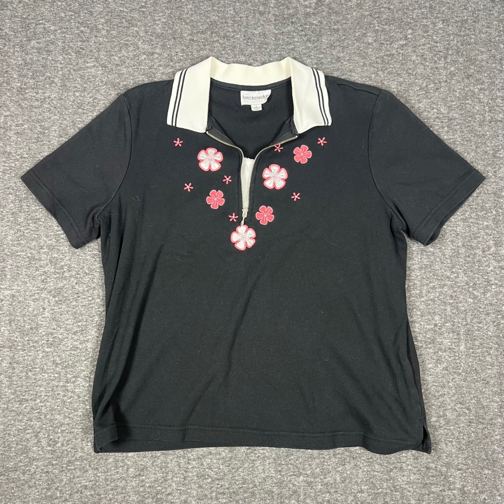 Breckenridge Floral Polo Shirt Women Large Black Quarter Zip Embroidered Cottage